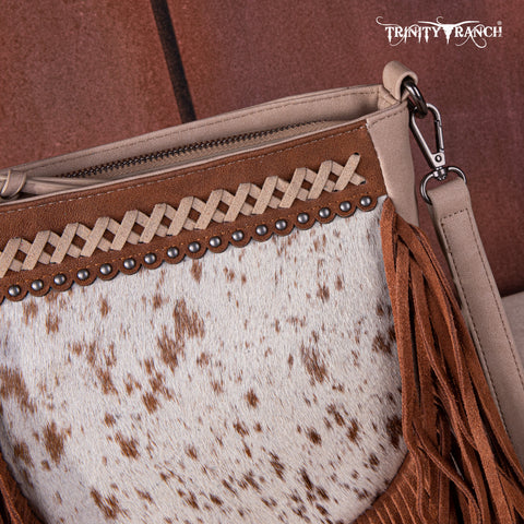 TR171-8360  Trinity Ranch Hair-On Cowhide Fringe Crossbody Bag -Tan