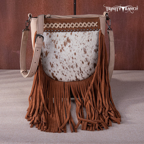 TR171-8360  Trinity Ranch Hair-On Cowhide Fringe Crossbody Bag -Tan