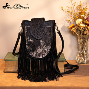 TR180-8360 Trinity Ranch Genuine Hair-On Cowhide Tooled Fringe Crossbody Bag - Black