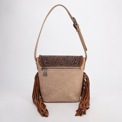 TR182-9181  Trinity Ranch Genuine Hair-On Cowhide Tooled Fringe Shoulder Bag- Tan
