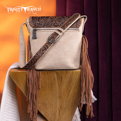 TR182-9181  Trinity Ranch Genuine Hair-On Cowhide Tooled Fringe Shoulder Bag- Tan