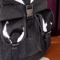 TR185-9110   Trinity Ranch Genuine Hair-On Cowhide Tooled Backpack - Black