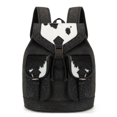 TR185-9110   Trinity Ranch Genuine Hair-On Cowhide Tooled Backpack - Black