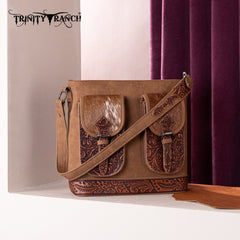 TR185G-918  Trinity Ranch Genuine Hair-On Cowhide Tooled Concealed Carry Hobo Bag- Brown