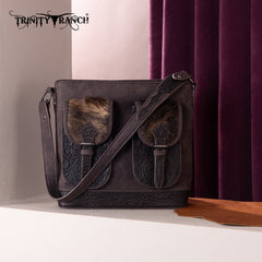TR185G-918  Trinity Ranch Genuine Hair-On Cowhide Tooled Concealed Carry Hobo Bag-  Coffee