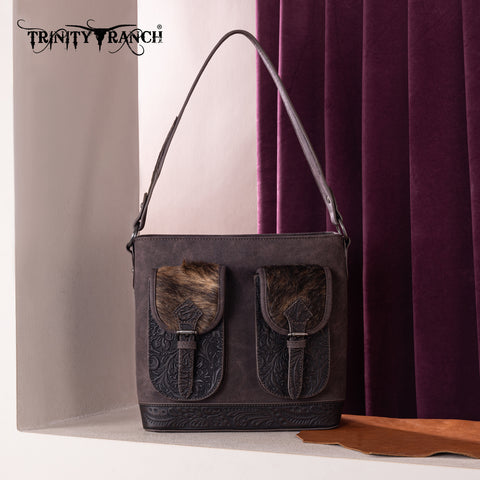 TR185G-918  Trinity Ranch Genuine Hair-On Cowhide Tooled Concealed Carry Hobo Bag-  Coffee