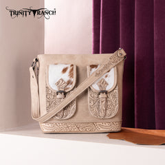 TR185G-918  Trinity Ranch Genuine Hair-On Cowhide Tooled Concealed Carry Hobo Bag- Tan