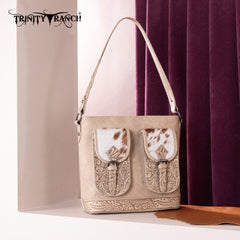 TR185G-918  Trinity Ranch Genuine Hair-On Cowhide Tooled Concealed Carry Hobo Bag- Tan