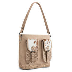 TR185G-918  Trinity Ranch Genuine Hair-On Cowhide Tooled Concealed Carry Hobo Bag- Tan