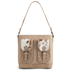 TR185G-918 Trinity Ranch Genuine Hair-On Cowhide Tooled Concealed Carry Hobo Bag - Tan