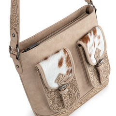 TR185G-918  Trinity Ranch Genuine Hair-On Cowhide Tooled Concealed Carry Hobo Bag- Tan