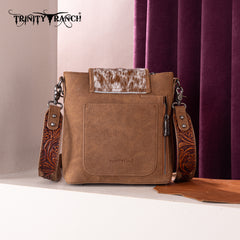 TR185G-9360  Trinity Ranch Genuine Hair-On Cowhide Tooled Concealed Carry Crossbody Bag- Brown