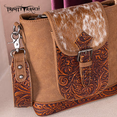 TR185G-9360  Trinity Ranch Genuine Hair-On Cowhide Tooled Concealed Carry Crossbody Bag- Brown