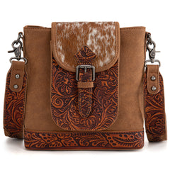 TR185G-9360  Trinity Ranch Genuine Hair-On Cowhide Tooled Concealed Carry Crossbody Bag- Brown