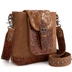 TR185G-9360  Trinity Ranch Genuine Hair-On Cowhide Tooled Concealed Carry Crossbody Bag- Brown