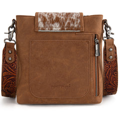 TR185G-9360  Trinity Ranch Genuine Hair-On Cowhide Tooled Concealed Carry Crossbody Bag- Brown