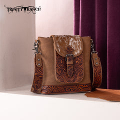 TR185G-9360  Trinity Ranch Genuine Hair-On Cowhide Tooled Concealed Carry Crossbody Bag- Brown