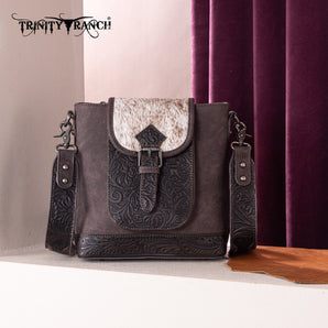 TR185G-9360 Trinity Ranch Genuine Hair-On Cowhide Tooled Concealed Carry Crossbody Bag - Coffee