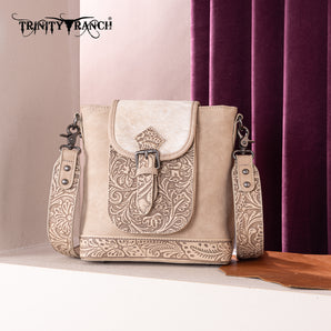 TR185G-9360 Trinity Ranch Genuine Hair-On Cowhide Tooled Concealed Carry Crossbody Bag - Tan