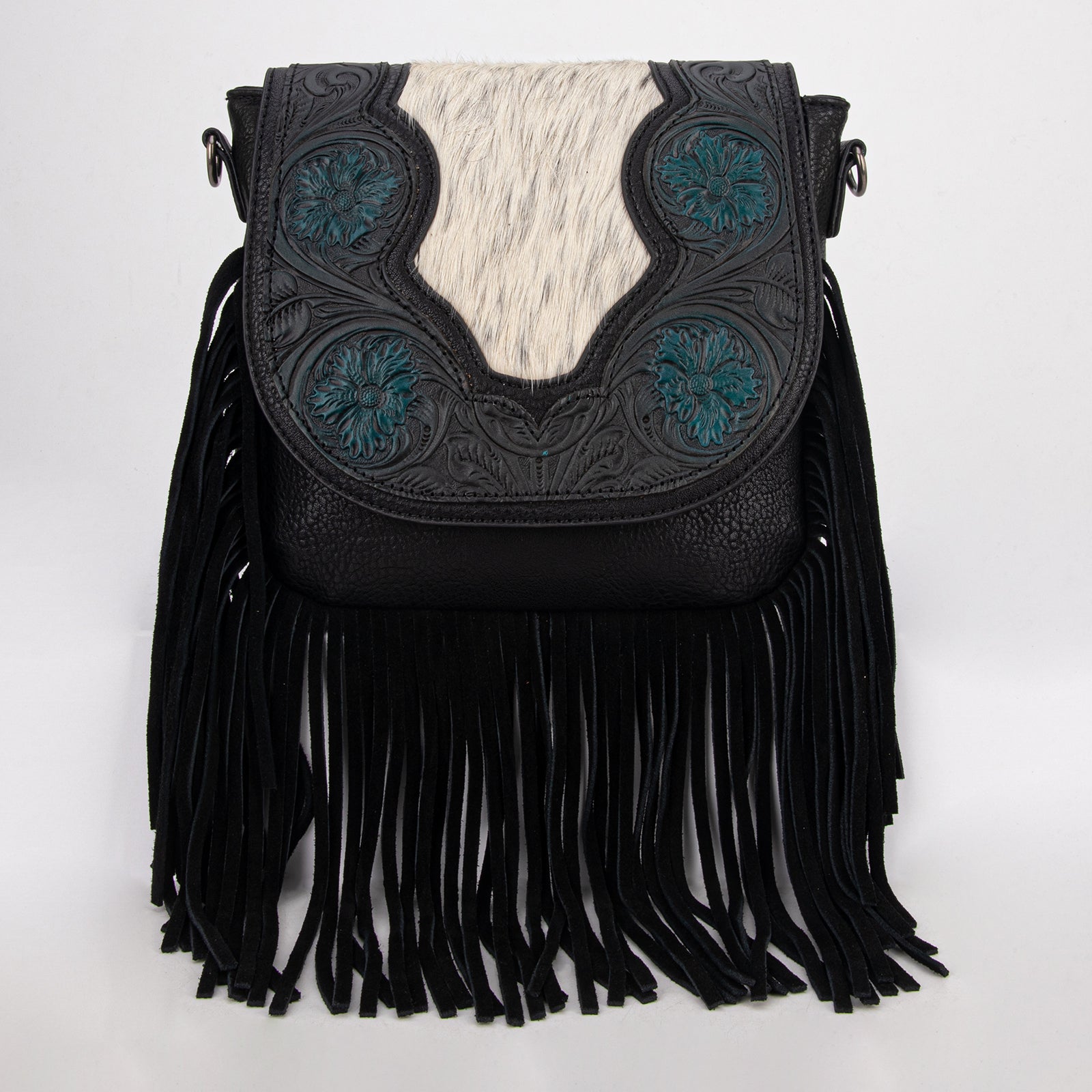 TR187-8360 Trinity Ranch Genuine Hair-On Cowhide Tooled Fringe Crossbody Bag- Black