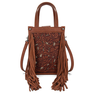 TR188-160 Trinity Ranch Floral Tooled Fringe Mini Tote/Crossbody