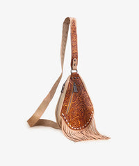 TR193-2102  Trinity Ranch Floral Tooled Fringe Sling Bag -Brown