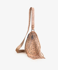 TR193-2102  Trinity Ranch Floral Tooled Fringe Sling Bag -Tan