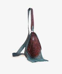 TR193-2102  Trinity Ranch Floral Tooled Fringe Sling Bag -Turquoise