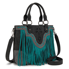TR194-8250  Trinity Ranch Floral Tooled Fringe Tote/Crossbody