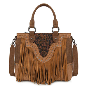 TR194-8250 Trinity Ranch Floral Tooled Fringe Tote/Crossbody - Brown