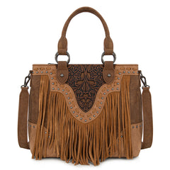 TR194-8250  Trinity Ranch Floral Tooled Fringe Tote/Crossbody