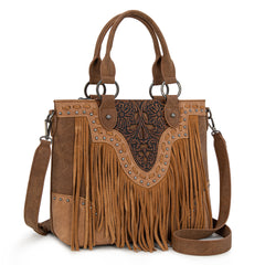 TR194-8250  Trinity Ranch Floral Tooled Fringe Tote/Crossbody