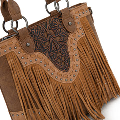 TR194-8250  Trinity Ranch Floral Tooled Fringe Tote/Crossbody
