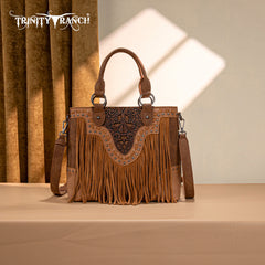 TR194-8250  Trinity Ranch Floral Tooled Fringe Tote/Crossbody