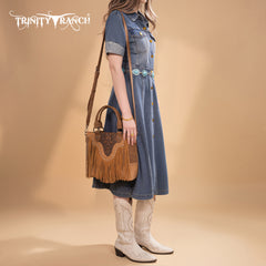 TR194-8250  Trinity Ranch Floral Tooled Fringe Tote/Crossbody