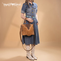 TR194-8250  Trinity Ranch Floral Tooled Fringe Tote/Crossbody