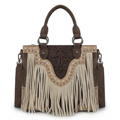 TR194-8250  Trinity Ranch Floral Tooled Fringe Tote/Crossbody