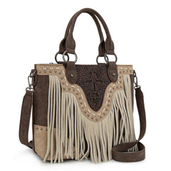 TR194-8250  Trinity Ranch Floral Tooled Fringe Tote/Crossbody