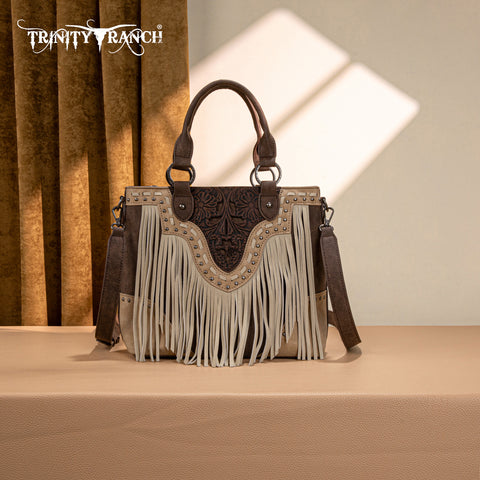TR194-8250  Trinity Ranch Floral Tooled Fringe Tote/Crossbody