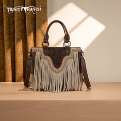 TR194-8250  Trinity Ranch Floral Tooled Fringe Tote/Crossbody