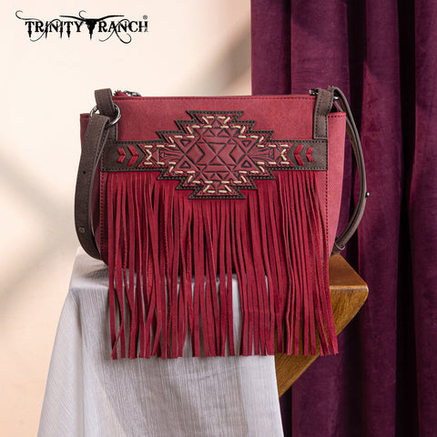TR196-8287  Trinity Ranch Aztec Tooled Fringe Crossbody
