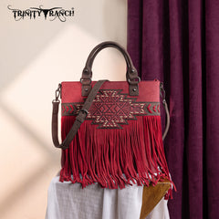 TR196G-8260  Trinity Ranch  Aztec Tooled Fringe Concealed Carry Tote/Crossbody