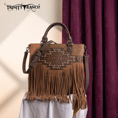 TR196G-8260  Trinity Ranch  Aztec Tooled Fringe Concealed Carry Tote/Crossbody