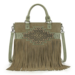 TR196G-8260  Trinity Ranch  Aztec Tooled Fringe Concealed Carry Tote/Crossbody