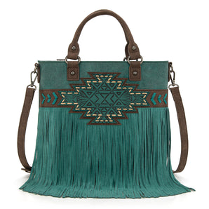 TR196G-8260 Trinity Ranch Aztec Tooled Fringe Concealed Carry Tote/Crossbody