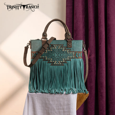 TR196G-8260  Trinity Ranch  Aztec Tooled Fringe Concealed Carry Tote/Crossbody