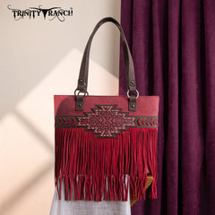 TR196G-8317  Trinity Ranch  Aztec Tooled Fringe Concealed Carry Tote