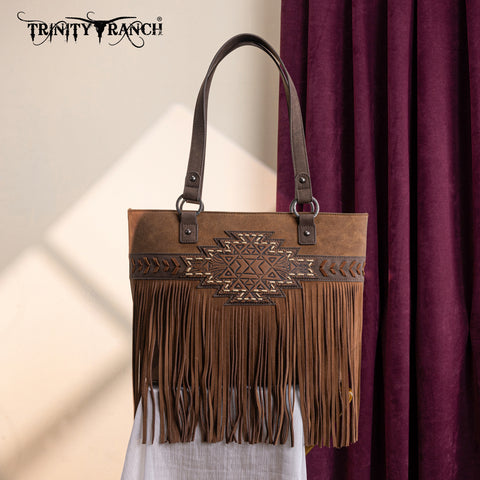 TR196G-8317  Trinity Ranch  Aztec Tooled Fringe Concealed Carry Tote