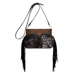 TR200-1814 Trinity Ranch  Floral Tooled Hair-On Cowhide Crossbody - Black