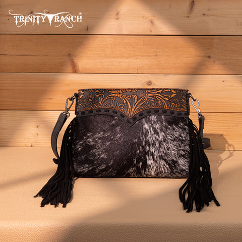 TR200-1814 Trinity Ranch  Floral Tooled Hair-On Cowhide Crossbody - Black